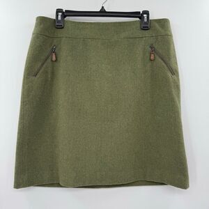 Talbots Green Wool Blend Skirt Leather Tab Zipper Pockets Short Above Knee‎ 12